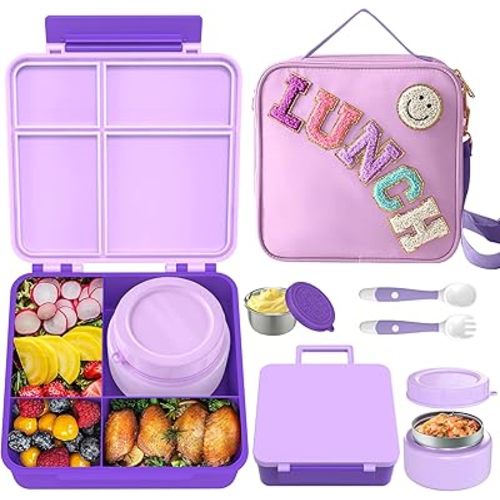 Aimsnk Kids Bento Lunch Box with 8oz Soup Thermo, Kids Leakproof Lunch Food Containers with 4 Compartment,Insulated Hot Food Jar with Lunch Bag for School, Travel (Purple)