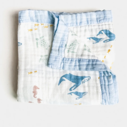 Sea Animals – Blue Trim | 6-Layer Organic Bamboo Muslin Baby Blanket – Coca + B.