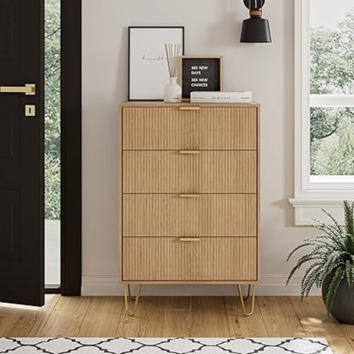 Masupu 4 Drawer Dresser, Drawer Chest, Tall Storage Dresser Chest Cabinet Organizer Unit with Gold Metal Legs, Nightstand for Bedroom, Living Room, Closet, Hallway Natural Stripe