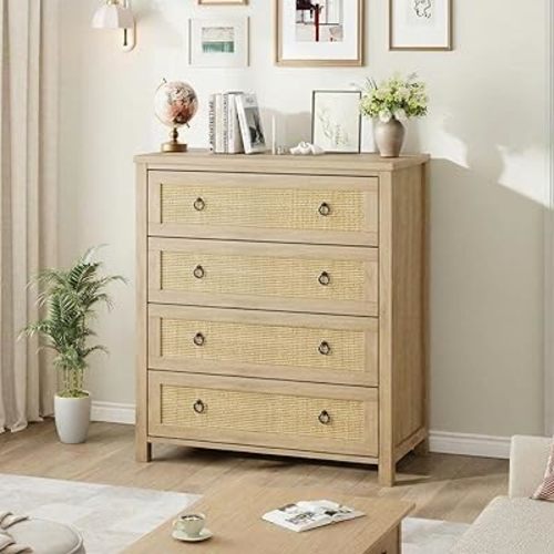 Garvee 4 Drawer Dresser for Bedroom, 37" Tall Rattan Chest of Drawers, Modern Boho Wooden Storage Organizer, Vertical Dresser for Bedroom, Living Room, Hallway