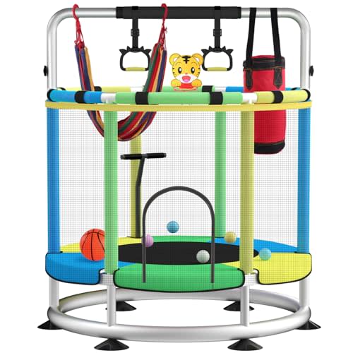 Trampoline for Kids, Adjustable Baby Toddler Trampoline with Basketball Hoop, Round Bottom Indoor Outdoor Toddler with Enclosure