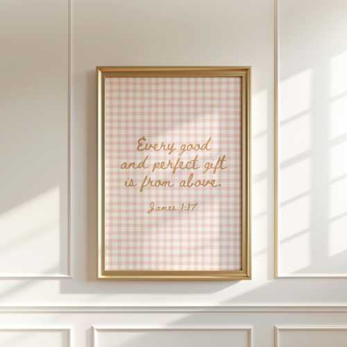 James 1:17 Bible Verse Print, Pink Gingham Nursery Art