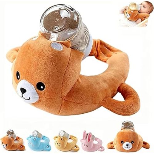 Plush Bottle Holder Pillow, Hands Free Feeding Nursing Assistant, Ergonomic Bottle Support Cushion, Soft Animal Cover Protector, Machine Washable, Neck Pillows, Bottle Not Included (Dog)