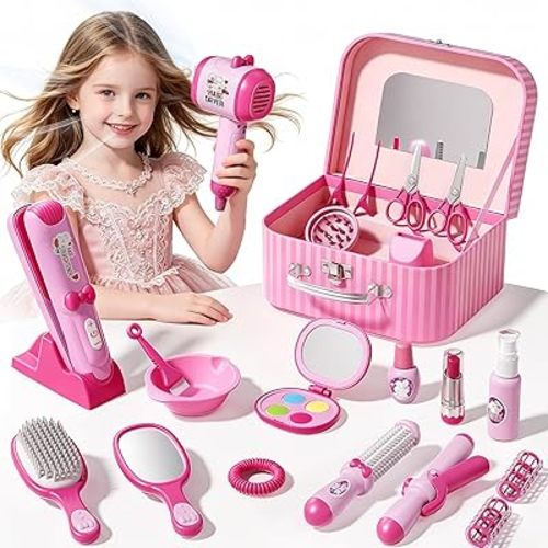 Hair Salon Toys for 5 Year Old Girls, Makeup Kit for Kids 3-5 4-6, Pretend Hair Styling Set Gift for Girls 5-7 6-8 with Sound and Lights, Role Play Dress Up Birthday Gifts for 3 4 5 6 Girl