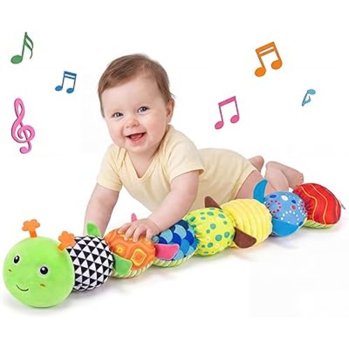 Baby Sensory Toys 0-6 6-12 Months, Music Animal Stuffed Caterpillar Toy for Infant 0-3-6-12 Month, Tummy Time Toys with Crinkle and Rattles for Newborn, Car Seat Toy Baby Boy Girl Gifts (Green)
