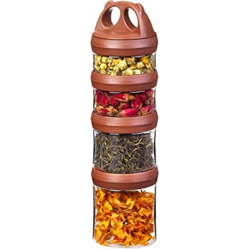 SELEWARE Portable Stackable Food Storage Containers for Snacks Formula Powder and Drinks Twist Lock System Airtight Leak-proof BPA and Phthalate Free 4 Piece Jars 31oz Brown