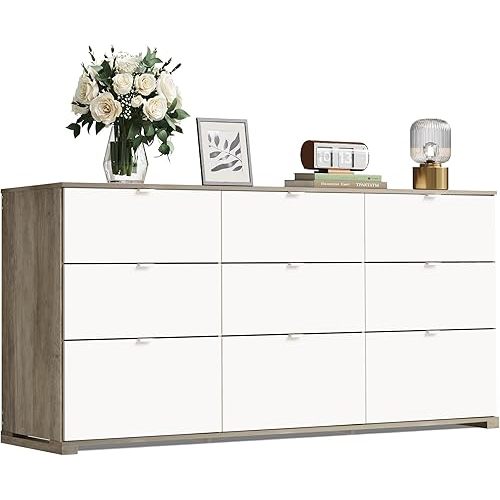 WLIVE 9 Drawer Dresser for Bedroom, 63" Wide Large Wood Chest of Drawers Organize with Sturdy Metal Handle, Modern Dresser for TV Stand, Living Room Office, Hallway, Ball Bearing Slide, Grey Oak