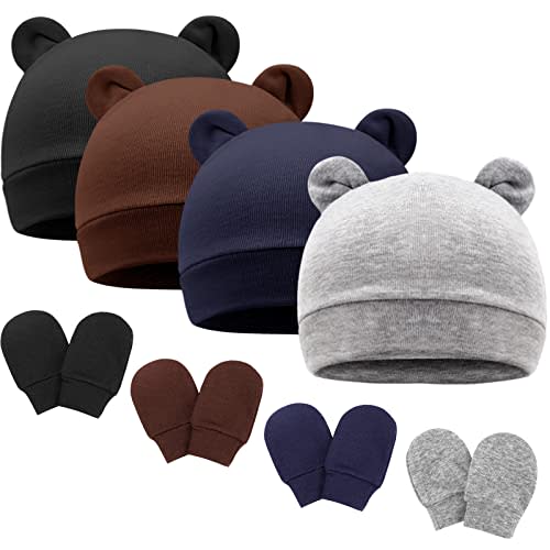 Newborn Baby Hat and Mittens Set Bear Ears Toddler Infant Beanie Caps Newborn Hospital Hat for Baby Boy Girl 0-3 Months