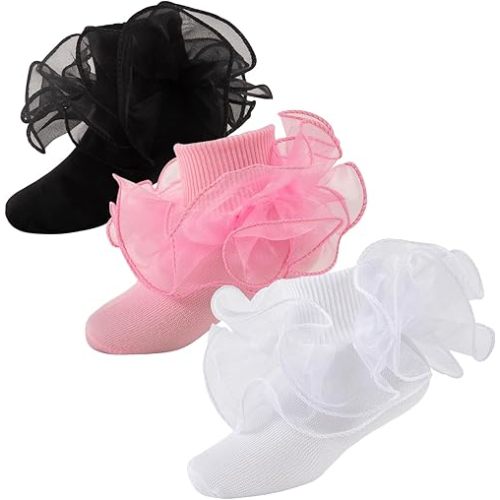 Baby Girls Ruffle Socks 2-Layer Lace Frilly Turn Cuff Fancy Dress Socks Toddler Girl Preemie Newborn Infant Kids