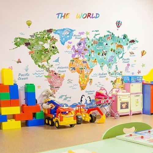 Fufuquare Large THE WORLD Animal Distribution Wall Stickers Waterproof Map Wall Decals for Children's Room Kindergarten and Classroom