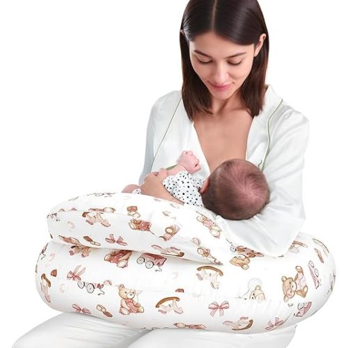 AMASKY Nursing Pillow for Breastfeeding and Bottle Feeding, Ergonomic Support for Mom and Baby, Removable Washable Cover, Pink Bear Pattern, Pallet of Product