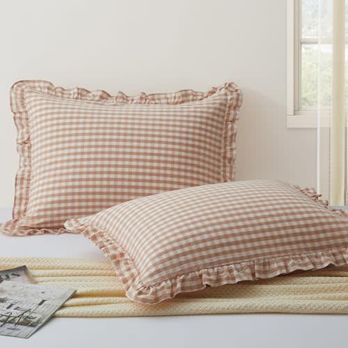KKJIAF 2 Pcs Plaid Ruffle Pillow Case Standard Size, Light Pink Plaid | Ruffled Gingham Cotton Pillowcases 20x26 Inch, Linen Feel Plaid Bed Pillow Shams with Envelope Closure for Sofa Bed