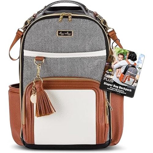 Itzy Ritzy Diaper Bag Backpack – Large Capacity Boss Plus Baby Backpack Diaper Bag Featuring 19 Pockets, Changing Pad, Stroller Clips, and Comfortable Backpack Straps, Coffee & Cream Boss Plus