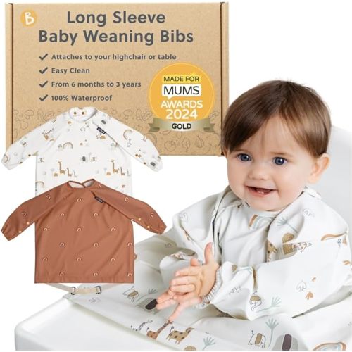 BIBaDO - Long Sleeve Baby Bibs - Babies & Toddlers 6-36 Months - Coverall Baby Led Weaning Bib - Easy Wipe, Soft & Waterproof