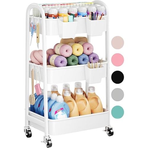 3 Tier Rolling Cart Metal with Wheels, Heavy Duty White Three Tiered Craft Cart Organizer on Wheels, Utility Roller Storage Carts for Art, Baby Nursery, Diaper Caddy, Snack,Book,Nail,Cleaning Supplies