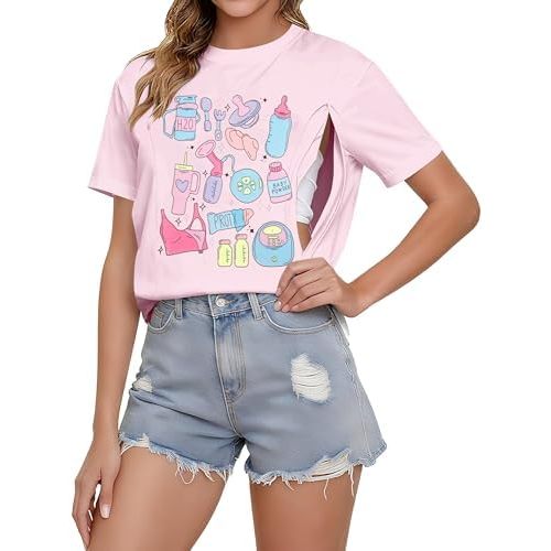 Comfort Breastfeeding Shirts for Women Double Zip Nursing Tops Loose Fit Maternity Tees Casual Pregnancy Clothes