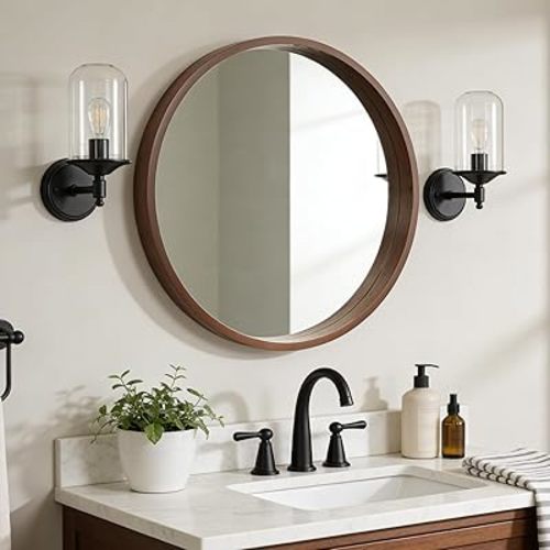 WallBeyond 28 Inch Round Wood Mirror, Large Circle Wooden Frame Wall Mirror for Bathroom, Living Room, Bedroom, Entryway (Walnut)