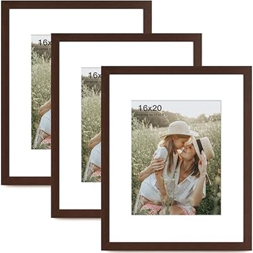 Momentworth 16x20 Picture Frame with Mat for 11x14 Set of 3, Dark Brown Wood Grain 16x20 Frames for Wall Mounting (3 Pack, Walnut)