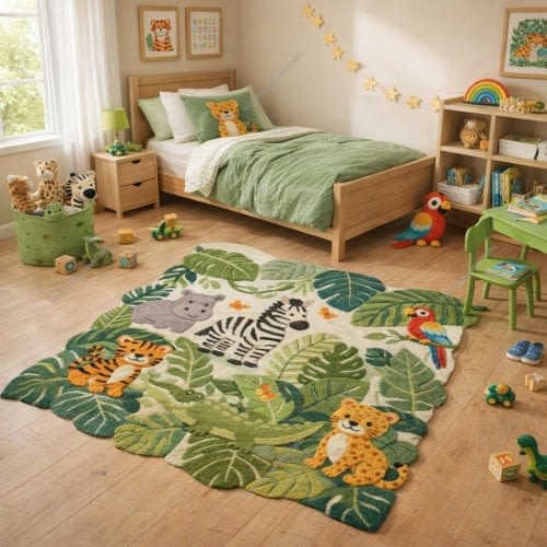 Hand-Tufted Wool Safari Animals Rug, Jungle Playroom Carpet, Kids Nursery Décor