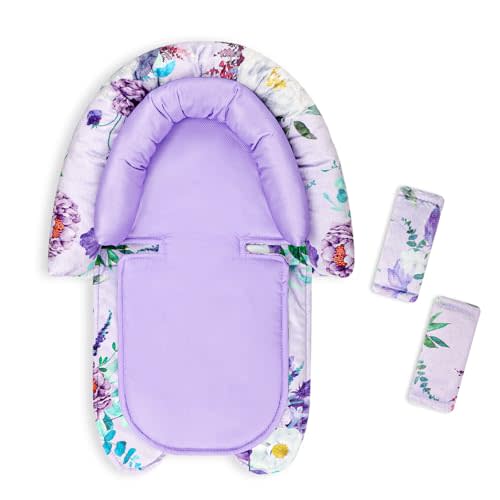 CARUILI Baby Car Seat Head Support & Strap Covers, Upgraded 2-in-1 Infant Car Seat Insert Cushion for Newborn Girls, Perfect for Carseat, Stroller, Swing, Extra Soft, Purple