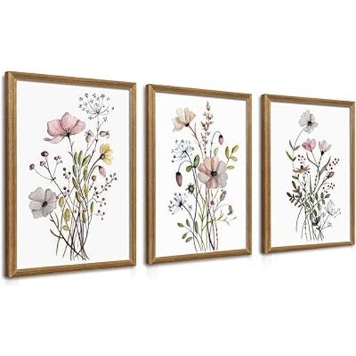 WRFON Wood Framed Pink Wildflower Canvas Wall Art, Minimalist Watercolor Flower Wall Decor, Vintage Botanical Poster Prints, Colorful Floral Canvas Paintings for Bedroom Bathroom Living Room 16"x24"x3