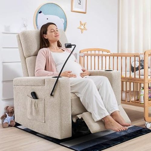 Power Swivel Rocking Chair Nursery with Armrest Storage, Skin-Friendly Beige Chenille Nursing Chair Copy Thickened High-Density Foam Rocking Recliner with USB & C Port, Cup & Phone Holder
