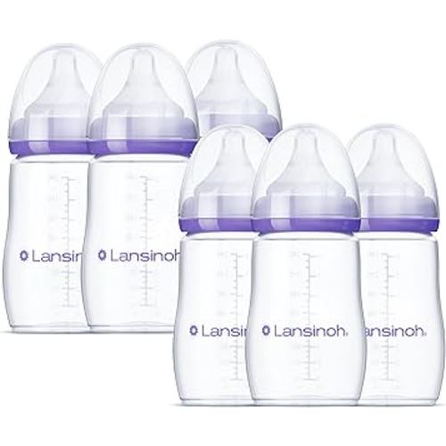 Lansinoh Anti-Colic Baby Bottles for Breastfeeding Babies, 8 Ounces, 6 Count, Includes 6 Medium Flow Nipples, Size M