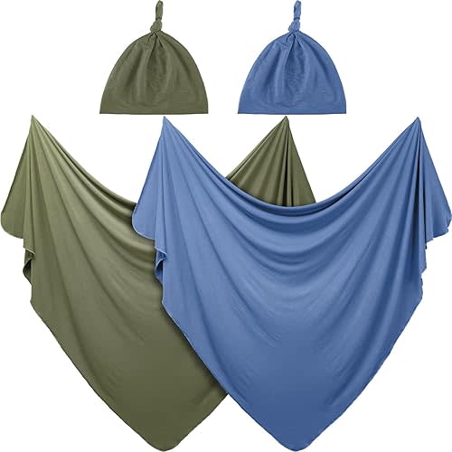 JaGely 2 Pcs Stretchy Baby Swaddle Blankets Set Extra Soft 47" x 47" Baby Newborn Swaddle Blanket and Hat(Blue, Army Green)