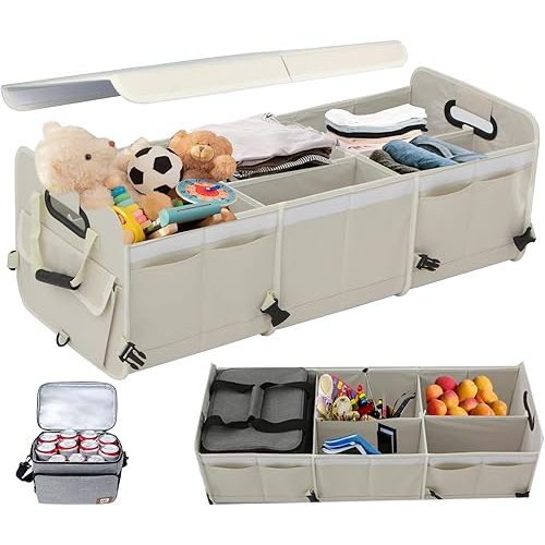[2025 Upgrade] Off White Car Trunk Organizer With Built-In Insulated Leak Proof Cooler Bag, Storage Collapsible Multi Compartment Car Organizer Adjustable Straps for SUV