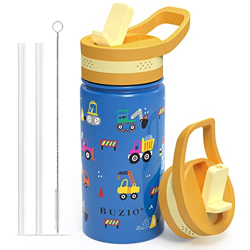 BUZIO 14 oz Kids Water Bottle with Straw Lid, Vacuum Insulated Stainless Steel Metal Thermo Bottles for Toddlers Girls Boys Leak Proof BPA-Free & Lead-Free Flask for School, Blue Construction Car