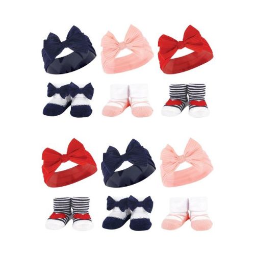 Hudson Baby Infant Girl 12Pc Headband and Socks Giftset, Red Blue Bows, One Size