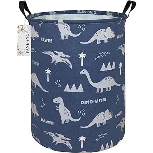 FANKANG Storage Basket, Nursery Hamper Canvas Laundry Basket Foldable with Waterproof PE Coating Large Storage Baskets for Kids Boys and Girls, Office, Bedroom, Clothes,Toys(Blue dinosaur)