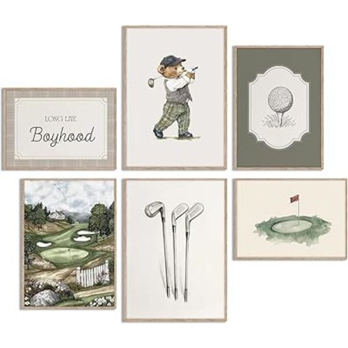 6Pcs Vintage Golf Nursery Canvas Wall Art Funny Teddy Bear Posters Print Artwork Baby Animal Sport Painting Pictures Wall Decor for Kids Room Playroom Home Decoration 8x10in Unframed