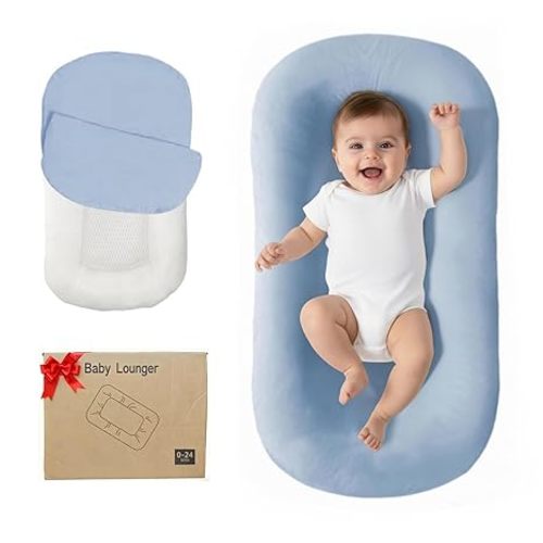 Lucakuins Baby Lounger, Bionic Design Baby Lounger for Newborn 0-24 Months, Soft Organic Cotton Breathable Lounger for Infants (Blue Newborn Lounger)