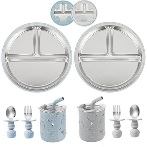 PandaEar Stainless Steel Baby Feeding Set | 2 Divided Suction Plates, 2 Spill-Proof Straw Cups with Silicone Sleeves, 2 Forks & 2 Spoons | Toddler Utensils for Baby Led Weaning, BPA-Free (Blue & Grey)