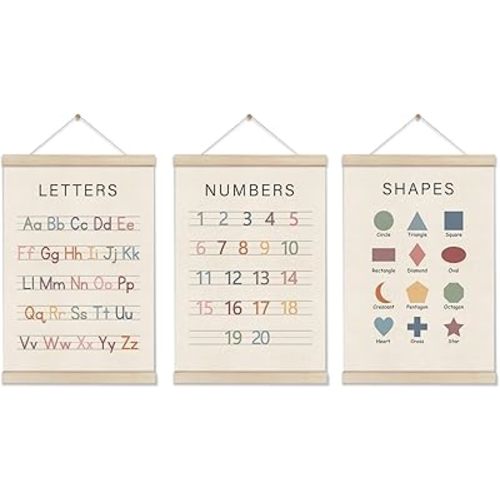 Set of 3 Alphabet Numbers Poster Hanger Frame, Preschool Learning Posters, Educational Canvas Wall Art, Montessori Nursery Wall, Toddler Room Decor for Boys Girls 16x12 Inch, Boho Classroom Decor