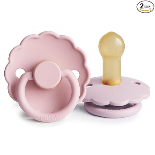 FRIGG Daisy Natural Rubber Baby Pacifier | Made in Denmark | BPA-Free (Baby Pink/Soft Lilac, 6-18 Months) 2-Pack
