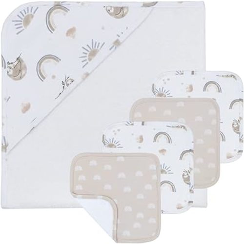 Baby Hooded Towel 5pc Bath Gift Set - Rainbow Sloth -100% Cotton, Ultra Soft & Absorbent for Baby Essentials, Newborn Infant Delicate Skin & Gift Ideas (1pc Hooded Towel & 4pcs Washcloth)