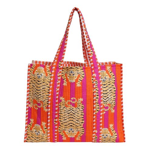 Floral Cotton Tiger Block Print Tote Bag, Indian Handmade Shopping Shoulder Beach Bag, Unisex Market Daily Use (1, DN 37)