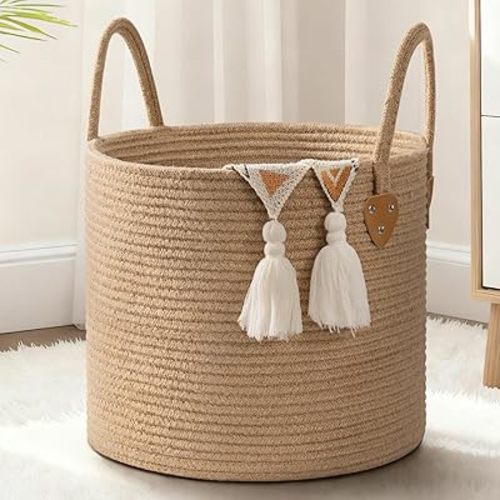 CHICVITA Jute Laundry Basket With Handles, Wicker Basket for Kids Blankets Toys Clothes Shoes, Baby Hamper for Nursery Boho Decor, Plant Baskets Indoor, 14" X 14" X 12", Jute Brown