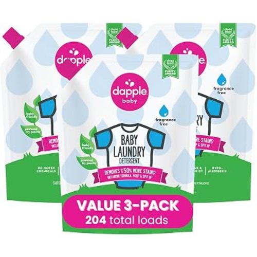 Dapple Baby Laundry Detergent, Powered by Plants, Concentrated, Hypoallergenic, Fragrance Free, Eco-Friendly Pouch, Stain Remover, 34 Fl Oz (3 Pack)