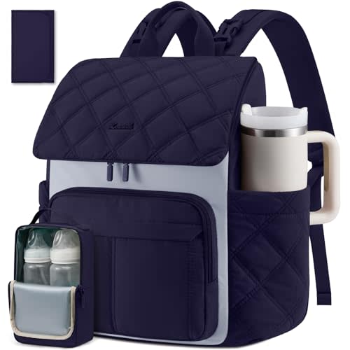 LOVEVOOK Diaper Bag Backpack With Pocket For Large Capacity Cup,Multi-Function Baby Travel Bag For Mom Dad,Waterproof Baby Bag for Boys Girls with Changing Pad,Insulated Bag,Stroller Straps,Blue
