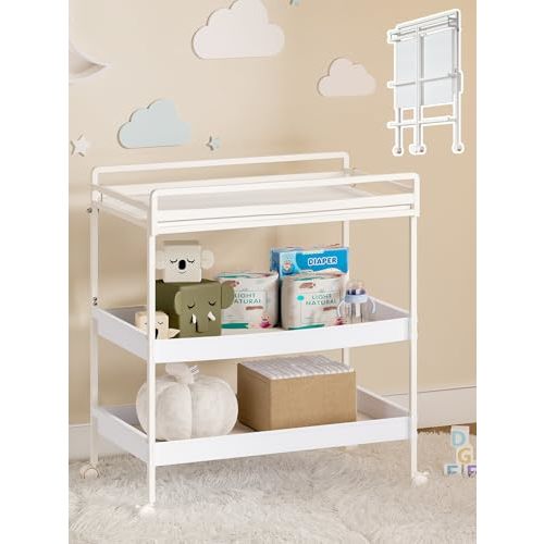 VBABY Foldable Baby Changing Table with Wheels, Certified Diaper Changing Station with Storage Drawers, 3 in 1 Portable Compact Diaper Table for Nursery, White