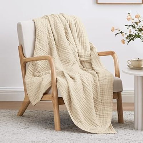 Love's cabin 6 Layer 100% Cotton Muslin Blanket, 50"x60" Throw Muslin Blanket for Couch Bed, Lightweight and Breathable Cotton Gauze for Adult, Beige