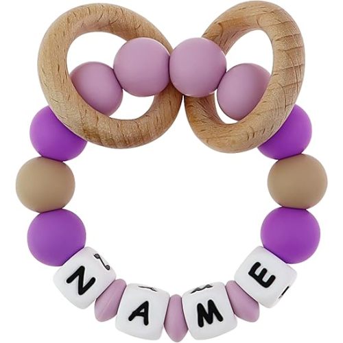 Personalized Baby Rattle Teether with Name, Customized Grasping Activity Shaker Grab Rattles, Early Educational Toys with Wood Teething Rings for Newborn Infant Toddler (Purple)