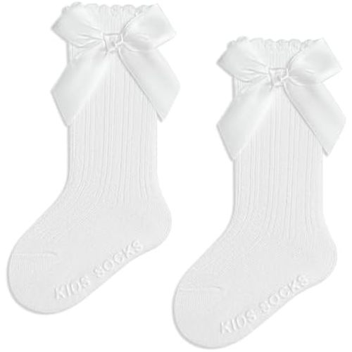 Baby Knee High Socks Non Slip Baby Girl Socks Cotton Bow Infant Stockings Ruffle Toddler Long Sock 0-12M/1-2Y