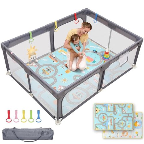 Dripex Baby Playpen with Mat, 71"x47" Play Pen for Toddlers 1-3 Years, Soft Breathable Visible Mesh, Indoor/Outdoor Portable Play Yard with Mat, Safe Baby Fence Play Area, Light Grey