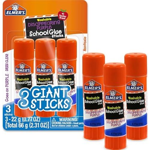 Elmer's Disappearing Purple School Glue Sticks, Washable, 22 Grams, 3 Count - Poster, Vision Board, Back to School Supplies, #1 Teacher Brand
