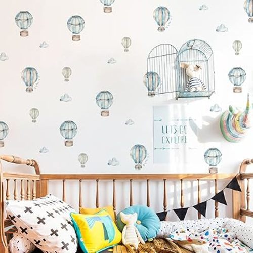 Boy Wall Decals Peel and Stick, Watercolor Blue Hot Air Balloon and Clouds Wall Sticker for Baby Boys Room Kids Room Playroom Gender Neutral Room Nursery Wall Art Stickers Decor
