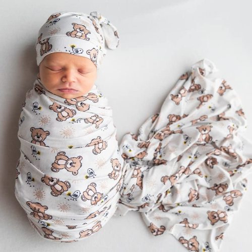 SINCERELY COZY Luxury Rayon from Bamboo Hat & Baby Swaddle for Newborns 0-3 Months, Cozy Teddy Bear Newborn Swaddle Blanket for Baby Boys & Girls, Hypoallergenic, Breathable & Buttery Soft